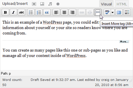 WordPress editing pane showing 'more' button